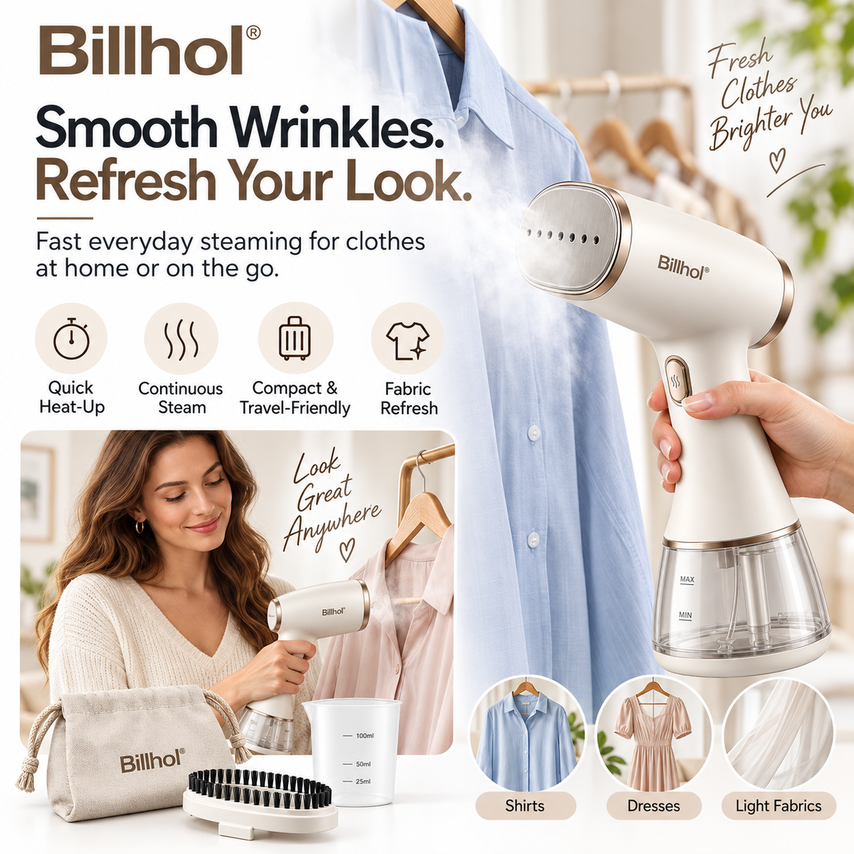 Billhol® SteamEase Portable Garment Steamer for Everyday Wrinkle Care & Clothing Refresh