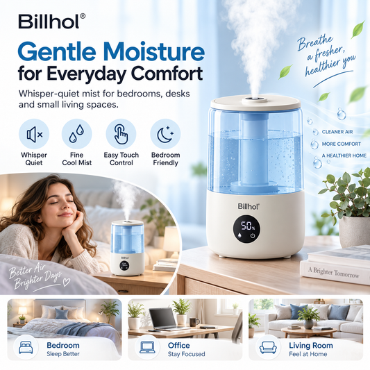 Billhol® PureMist Quiet Home Humidifier for Bedroom, Office & Everyday Air Comfort