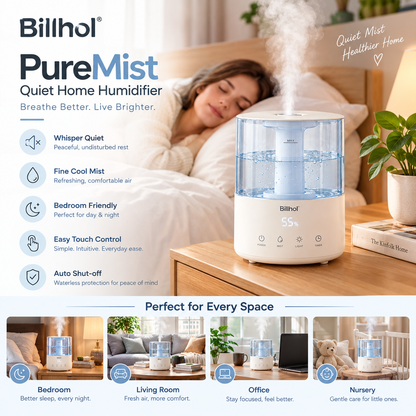 Billhol® PureMist Quiet Home Humidifier for Bedroom, Office & Everyday Air Comfort