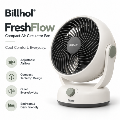 Billhol® FreshFlow Compact Air Circulator Fan for Bedroom, Desk & Small-Space Cooling