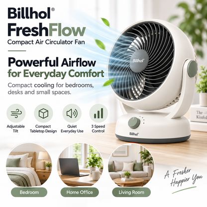 Billhol® FreshFlow Compact Air Circulator Fan for Bedroom, Desk & Small-Space Cooling