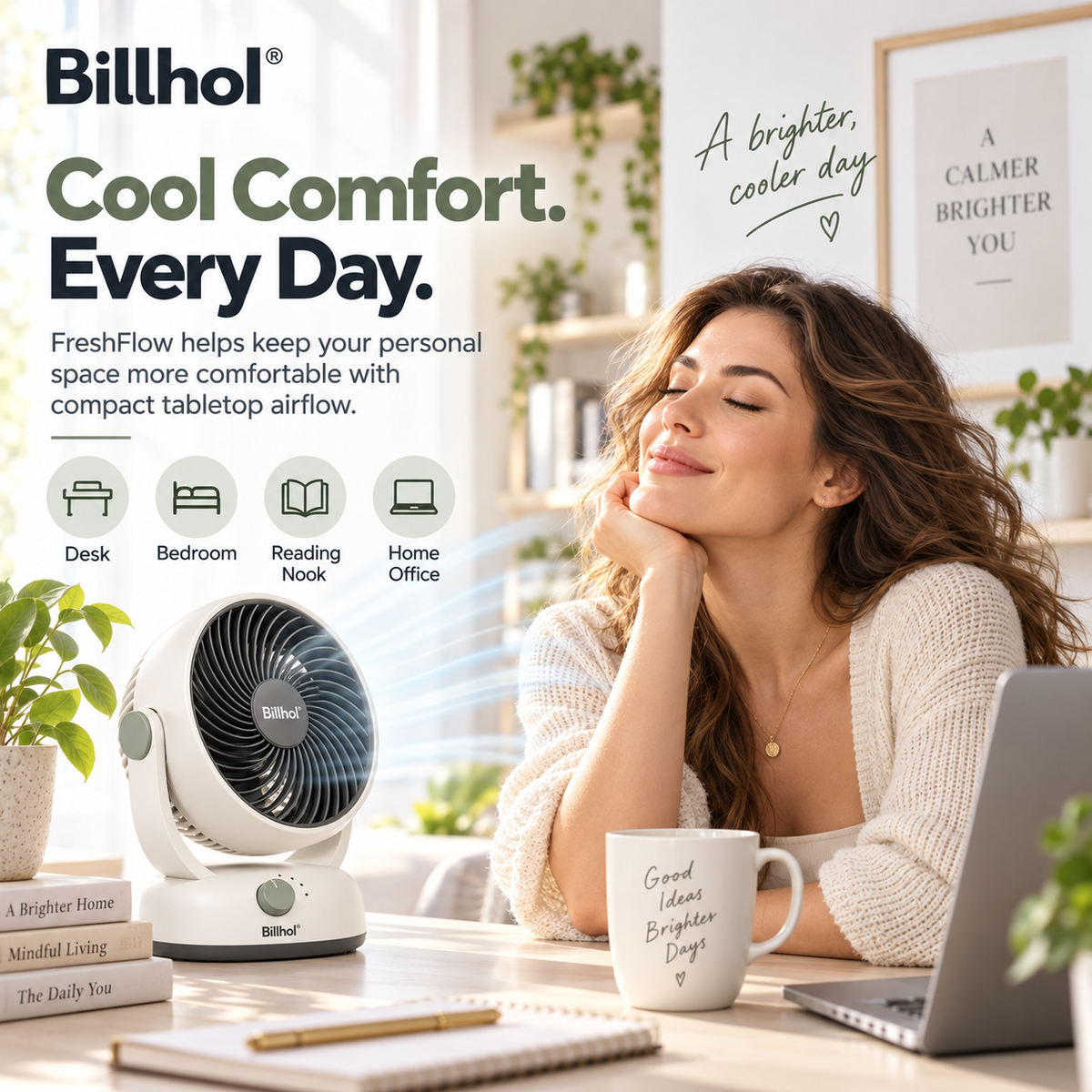Billhol® FreshFlow Compact Air Circulator Fan for Bedroom, Desk & Small-Space Cooling