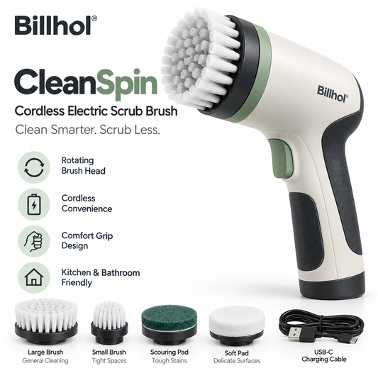 Billhol® CleanSpin Cordless Electric Scrub Brush for Kitchen, Bathroom & Everyday Surface Cleaning