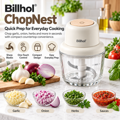 Billhol® ChopNest Compact Electric Food Chopper for Vegetables, Herbs, Sauces & Everyday Meal Prep