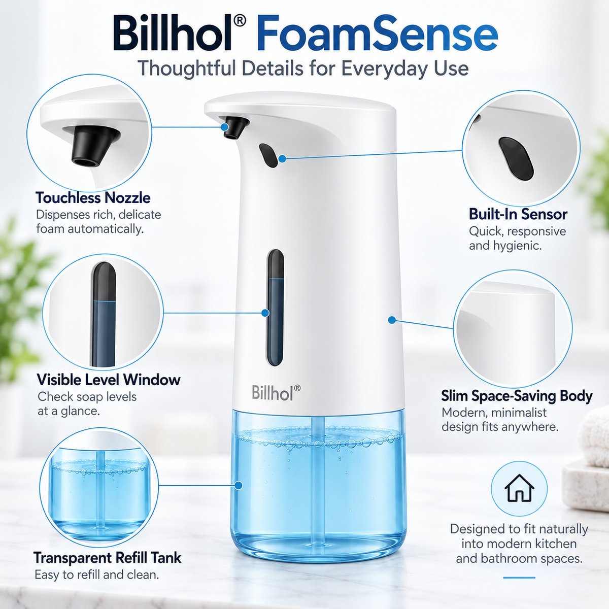 Billhol® FoamSense Touchless Automatic Soap Dispenser for Kitchen & Bathroom Sinks