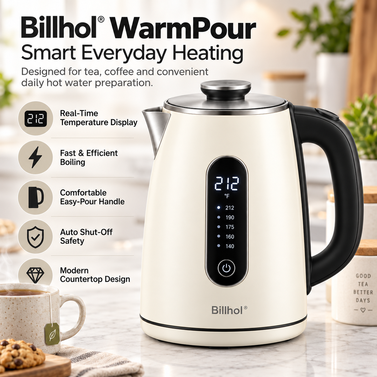 Billhol® WarmPour Smart Electric Kettle for Tea, Coffee & Everyday Hot Water Preparation
