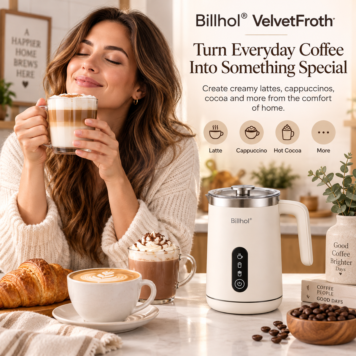 Billhol® VelvetFroth Electric Milk Frother & Warmer for Coffee, Cocoa & Home Café Drinks