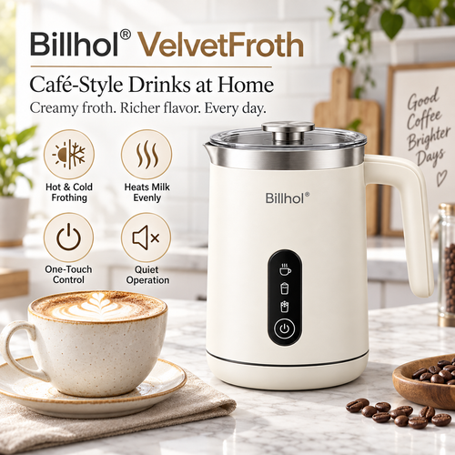 Billhol® VelvetFroth Electric Milk Frother & Warmer for Coffee, Cocoa & Home Café Drinks