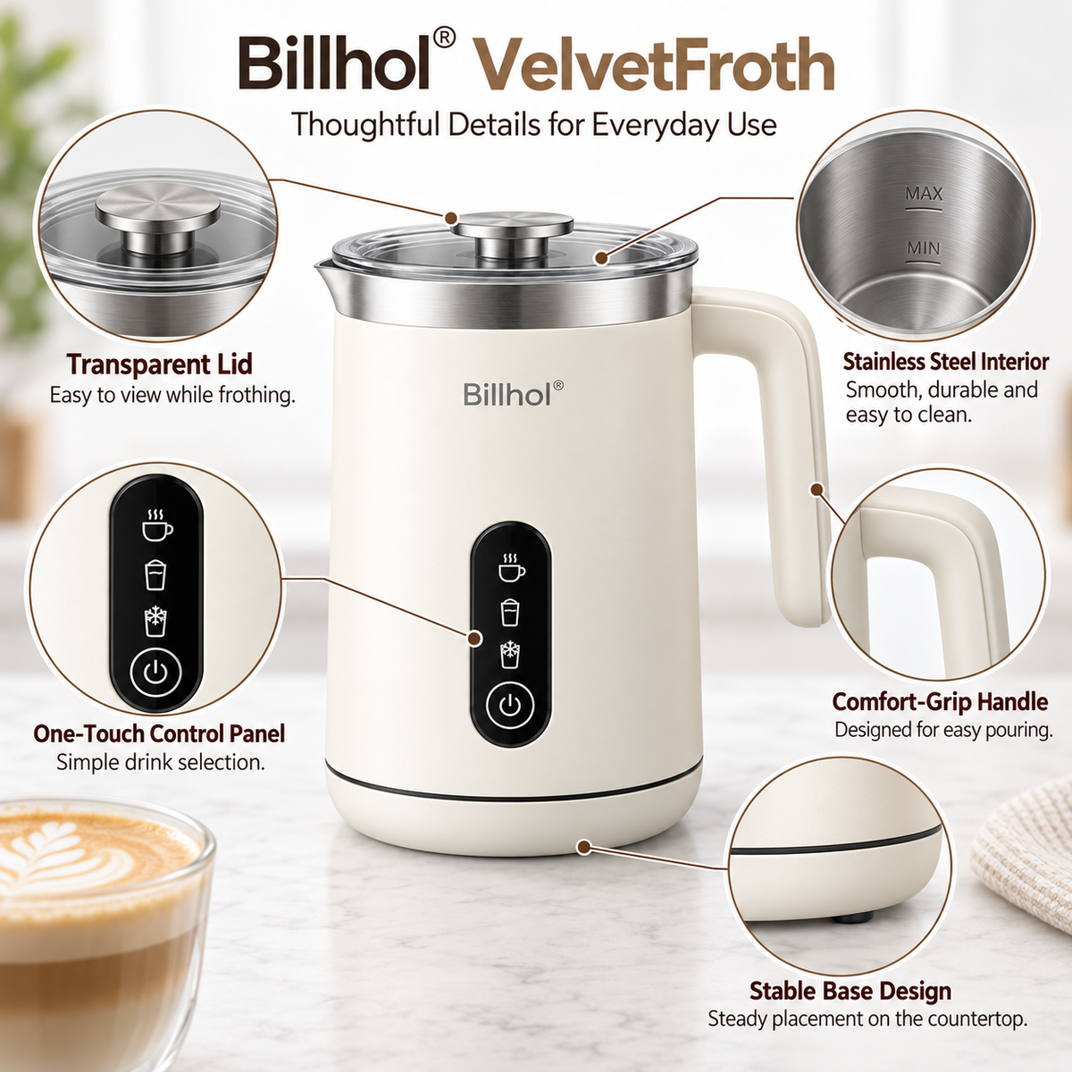 Billhol® VelvetFroth Electric Milk Frother & Warmer for Coffee, Cocoa & Home Café Drinks